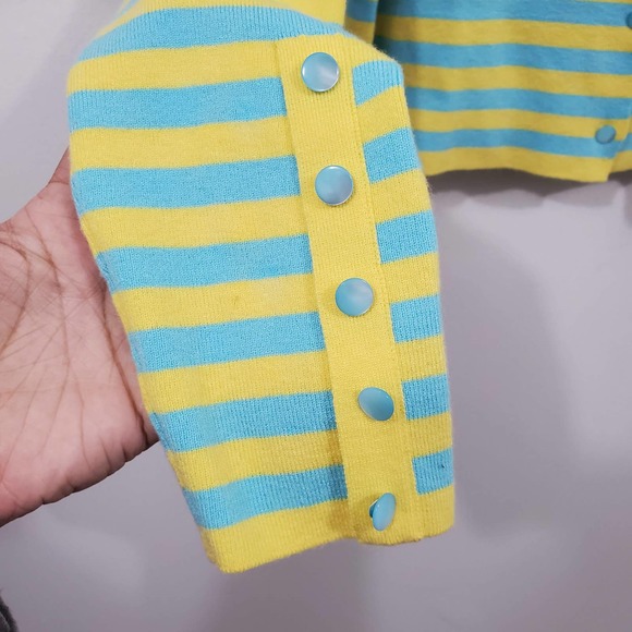 RONDINA New York Blue Yellow Cropped Striped Cardigan Sweater Size L - Picture 5 of 10